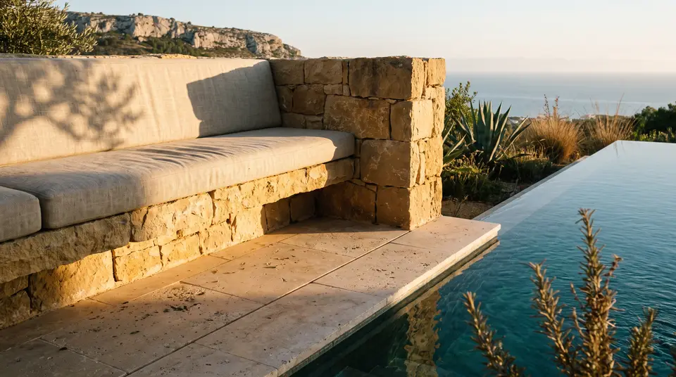 Built-in stone bench by the pool edge
